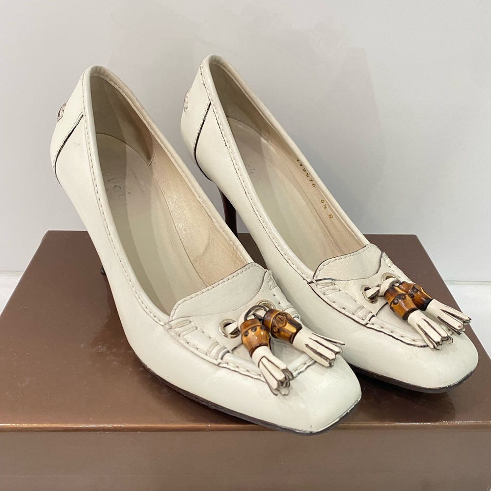 GUCCI Ivory Bamboo Tassel Leather Heels Sz.36.5